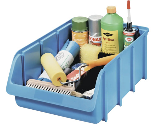 Blaue Lagerbox mit verschiedenen Werkzeugen und Materialien