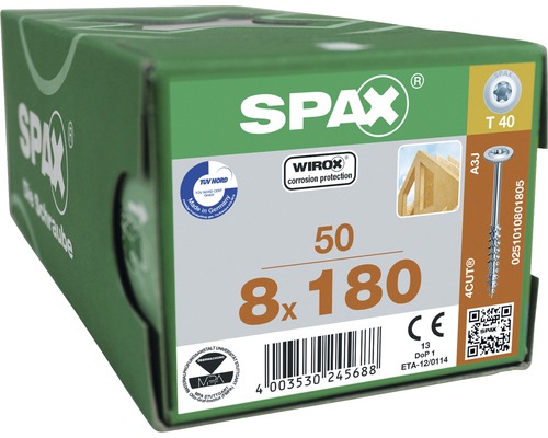 Spax Holzbauschraube HI.FORCE T-STAR plus Tellerkopf TX Teilgewinde 8x180 mm WIROX 50 Stück Verpackung Spax Schrauben 8x180 Millimeter