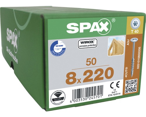 Spax Holzbauschraube HI.FORCE T-STAR plus Tellerkopf TX Teilgewinde 8x220 mm WIROX 50 Stück Spax Schrauben 8x220, 50 Stück in grüner Verpackung