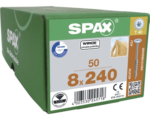 Spax Holzbauschraube HI.FORCE T-STAR plus Tellerkopf TX Teilgewinde 8x240 mm WIROX 50 Stück Box mit 50 Spax Schrauben 8x240