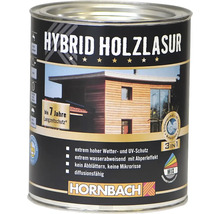 Hornbach Hybrid Holzlasur, 3 in 1 Wetterschutz, bis zu 7 Jahre Schutz, Ultraviolett-beständig, wasserabweisend, mischbar. Hornbach Logo.