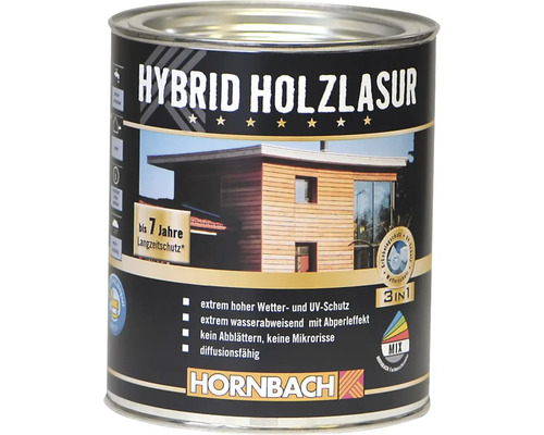 Hornbach Hybrid Holzlasur, 3 in 1 Wetterschutz, bis zu 7 Jahre Schutz, Ultraviolett-beständig, wasserabweisend, mischbar. Hornbach Logo.