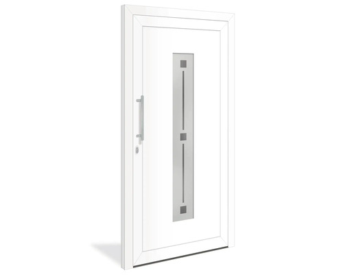 Weiße Haustür mit Glaseinsatz und Griff