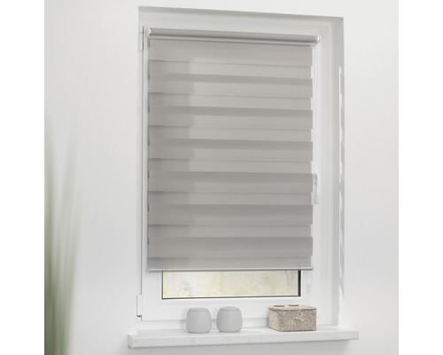 Fenster mit montiertem, grauem Duo Rollo zur Lichtregulierung