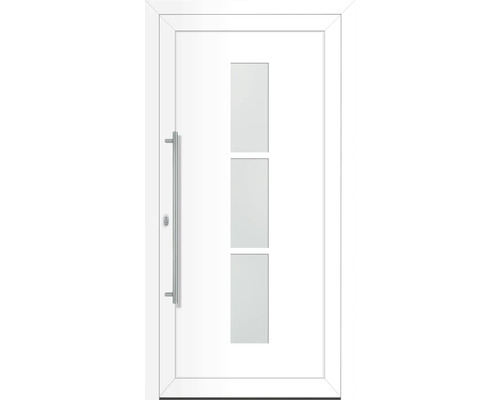 Weiße Haustür mit drei Glaseinsätzen und einem Griff