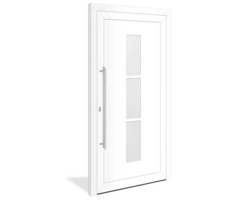 Weiße Haustür mit drei Fenstern und Griff