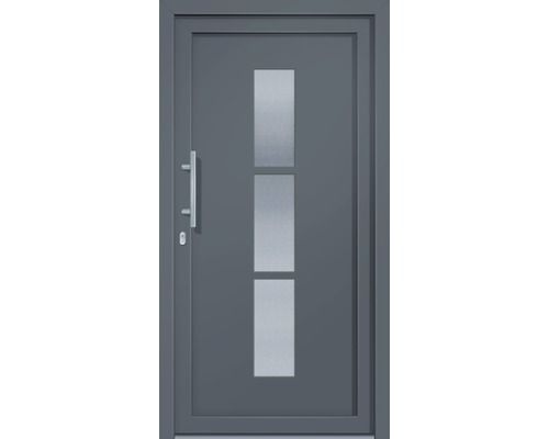 Haustür mit drei rechteckigen Glaseinsätzen und einem Griff