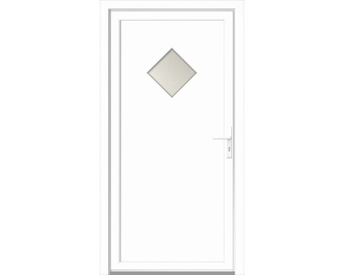 Weiße Außentür mit Rautenfenster und Griff