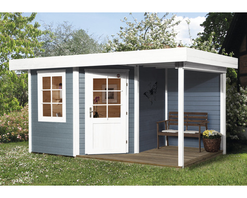 Gartenhaus weka mit Fußboden und Schleppdach 442 x 278 cm grau Gartenhaus mit überdachter Veranda, Fenster und Tür.