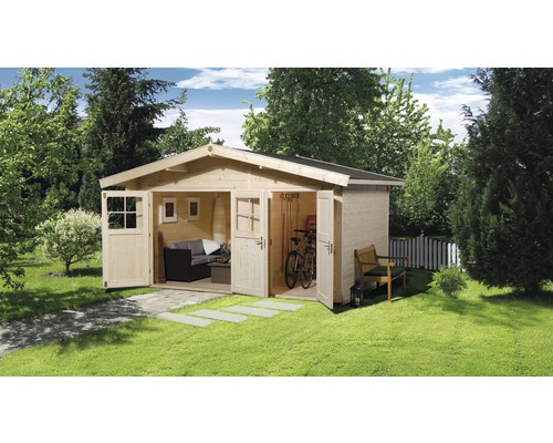 Gartenhaus weka mit Fußboden und Geräteraum 460 x 320 cm natur Holzgartenhaus mit geöffneten Doppeltüren in einem Garten mit Rasen