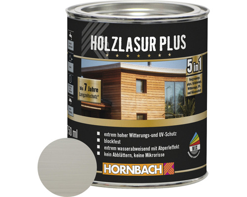 HORNBACH Holzlasur Plus silbergrau 750 ml Holzlasur Plus Dose mit Farbbeispiel und dem Hinweis auf bis zu 7 Jahre Langzeitschutz