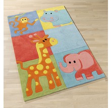 Kinderzimmerteppich mit Tiermotiven wie Affe, Nilpferd, Giraffe und Elefant