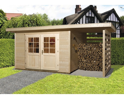 Gartenhaus aus Holz mit Doppeltür und Anbau für Brennholz