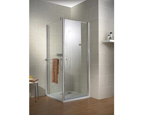 Eckdusche mit klaren Glaswänden und Handtuchhalter im Badezimmer