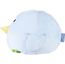 Sitzsack in Form eines blauen Vogels mit gelbem Schnabel und Füßen