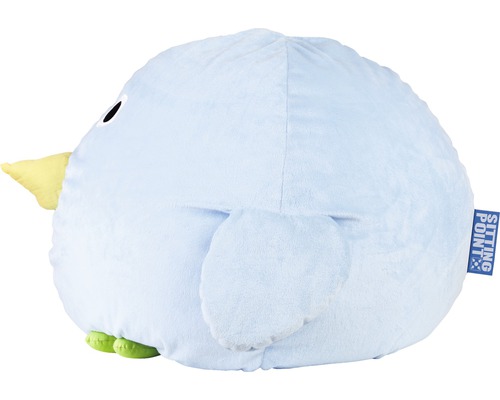 Sitzsack in Form eines blauen Vogels mit gelbem Schnabel und Füßen