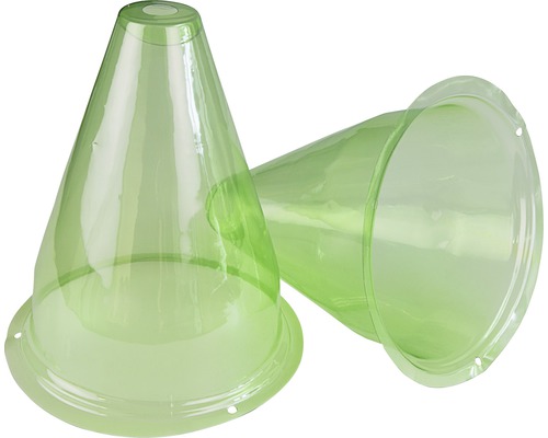 Zwei durchsichtige, konische Pflanzhauben aus Kunststoff