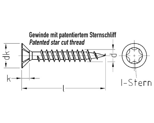Technische Zeichnung einer Schraube mit patentiertem Sternschliff