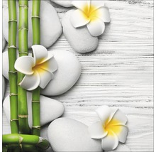 Dekoration mit Bambus, weißen Steinen und Frangipani-Blüten auf hellem Holzgrund