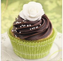 Dekorativer Muffin mit Schokoladenglasur, Zuckerstreuseln und Rose