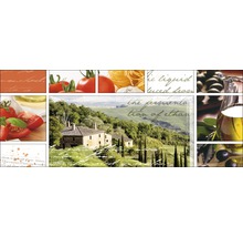 Dekorfliese mit Lebensmittelmotiven und Landschaftsbild