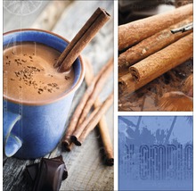 Collage mit einer Tasse Schokolade, Zimtstangen und Schokoladenstücken