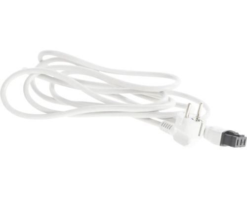 Weißes Netzkabel mit Stecker und Geräteanschluss