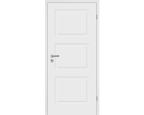 Weiße Innentür mit drei rechteckigen Füllungen und Türgriff