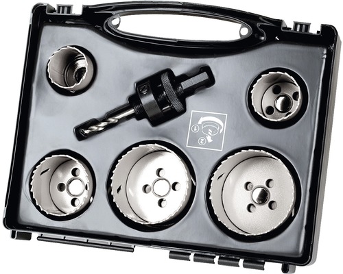 Lochsägenkoffer Set Wolfcraft ø 35, 40, 51, 65, 68 mm + Spanndorn mit Zentrierbohrer Lochsägen-Set in einem schwarzen Kunststoffkoffer