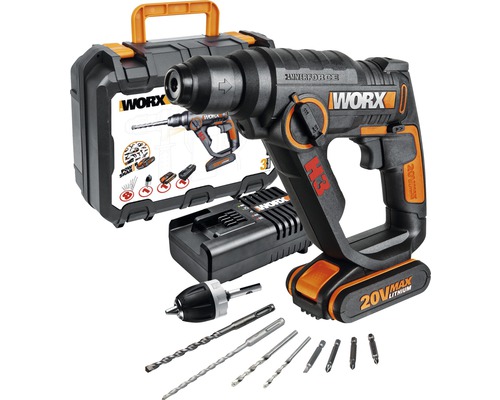 Worx Akku-Bohrhammer mit Bohrer-Set, Ladegerät und Werkzeugkoffer
