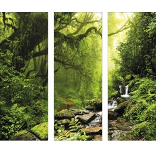 Dreiteiliges Waldmotiv mit Bäumen, Felsen und Wasserfall