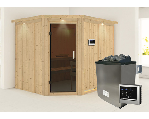 Elementsauna Karibu Malina inkl. 9 kW Ofen u.ext.Steuerung mit Dachkranz und graphitfarbiger Ganzglastüre