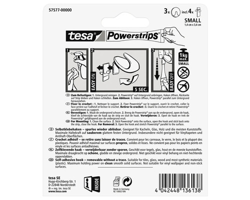 Tesa Powerstrips Klebehaken, spurlos ablösbar, inklusive vier Klebestreifen