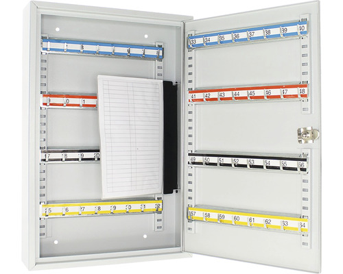 Geöffneter Schlüsselschrank zur Schlüsselaufbewahrung mit farbigen Hakenleisten und Schlüsselanhängern