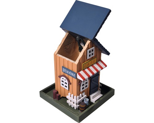 Vogelhaus im Caféhausdesign mit Bienvenue-Schild