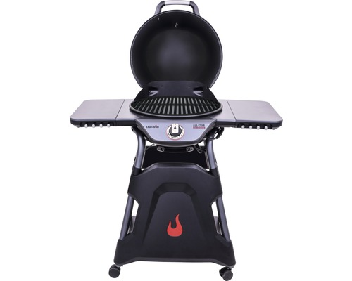 Gasgrill mit offenem Deckel und Ablageflächen.