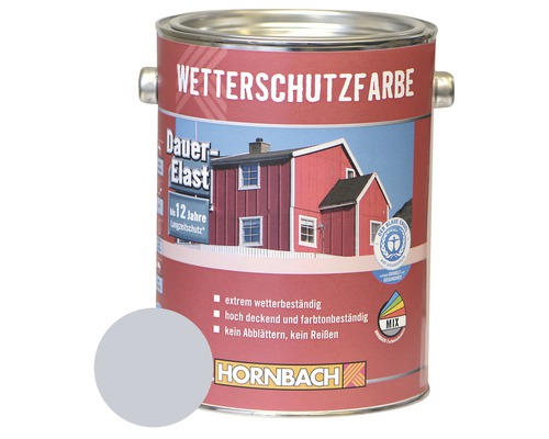 HORNBACH Holzfarbe Wetterschutzfarbe silbergrau 2,5L Wetterschutzfarbe im Metalleimer mit Farbbeispiel und Blauer Engel Umweltzeichen sowie Hornbach Logo