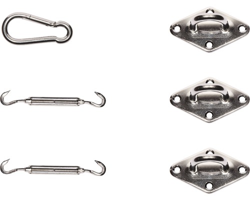 Befestigungsmaterial für Sonnensegel bestehend aus Karabinerhaken, Spannschloss und Wandplatte