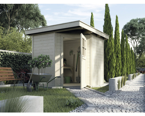 Blockbohlen-Eckhaus weka 229 mit Fußboden 244 x 244 cm natur Gartenszene mit Holzgartenhaus, Schubkarre und Gartenwerkzeugen