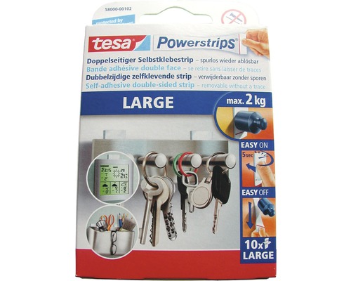 Tesa Powerstrips doppelseitiger Selbstklebestrip Large weiß max. 1 kg 10 Stück Tesa Powerstrips, doppelseitige Klebestreifen zum spurlosen Ablösen, große Ausführung, maximale Tragkraft 2 Kilogramm, 10 Stück
