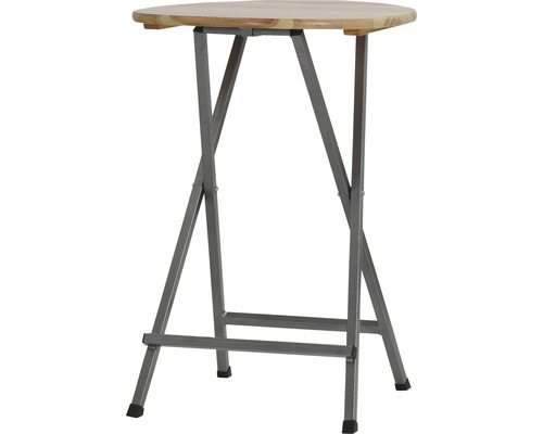 Klappbarer Stehtisch mit runder Holzplatte und Metallgestell