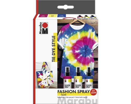 Marabu Tie Dye Style Textilspray Set mit T-Shirt und Tasche als Gestaltungsbeispiele