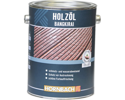 Eine Dose Hornbach Holzöl Bangkirai für den Schutz und die Pflege von Holzoberflächen im Außenbereich.