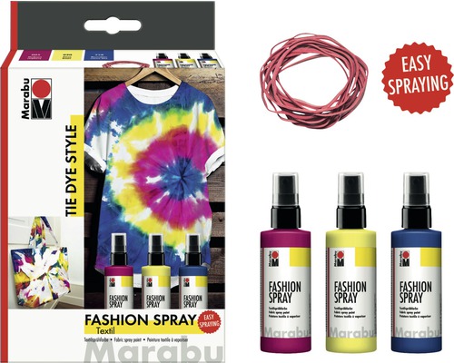 Marabu Fashion Spray Textilspray Set Tie Dye Style 3x 100 ml Marabu Textilspray Set zum Färben im Batikstil mit Gummibändern und drei Textilsprays