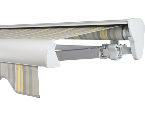 SOLUNA Halbkassettenmarkise Classic 4,5x1,5 Stoff Dessin 320477 Gestell E6EV1 silber eloxiert Antrieb rechts inkl. Motor, Wandschalter