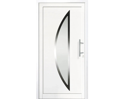 Weiße Haustür mit Glaseinsatz in Halbmondform und Griff