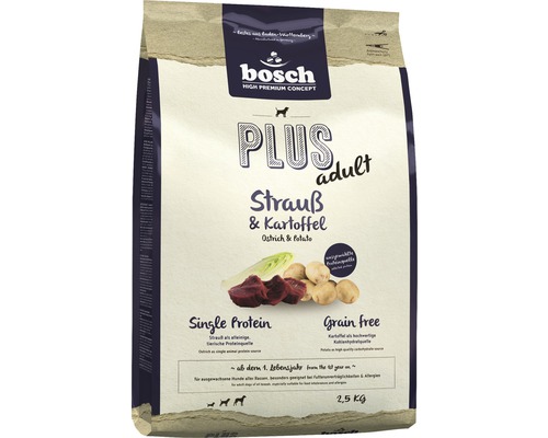 Hundefutter trocken Bosch Plus adult Strauss 2,5 kg Bosch Plus Adult Strauß und Kartoffel Trockenfutter für Hunde, 2,5 Kilogramm Packung