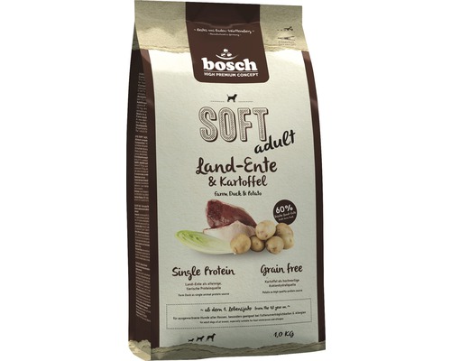 Hundefutter trocken Bosch adult Soft Ente 1 kg Bosch Logo. Trockenfutter Soft Adult Land-Ente und Kartoffel für Hunde, 1 Kilogramm.