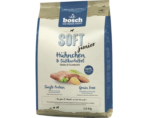 Hundefutter trocken Bosch Soft Junior Huhn 2,5 kg Bosch Soft Junior Trockenfutter mit Hühnchen und Süßkartoffel in einer 2,5 Kilogramm Packung