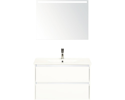 Badmöbel-Set Sanox Dante BxHxT 81 x 170 x 46 cm Frontfarbe weiß hochglanz mit Waschtisch Keramik weiß und Keramik-Waschtisch Spiegel mit LED-Beleuchtung Waschtischunterschrank